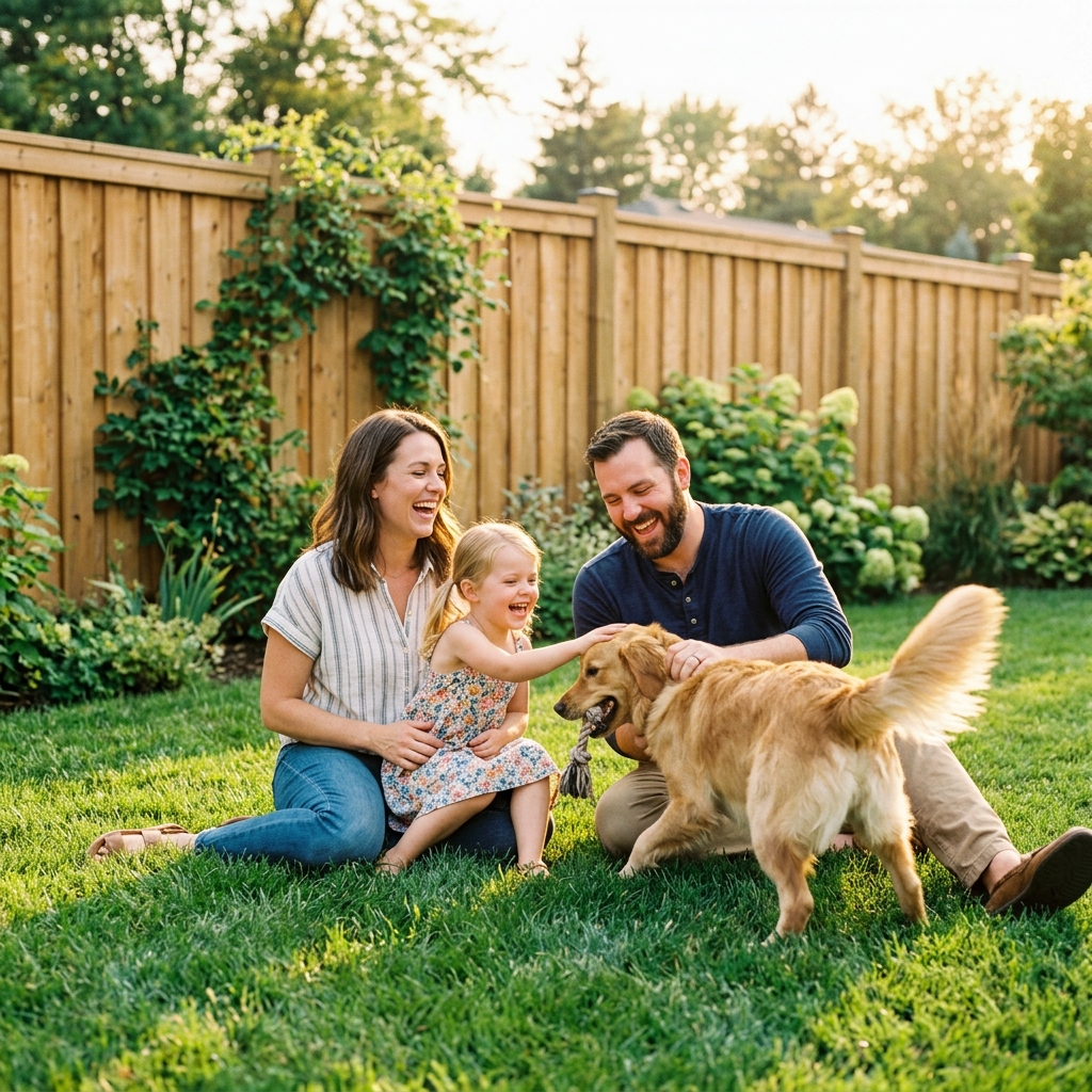 Suburban yard safety for kids and pets with modern wooden fencing