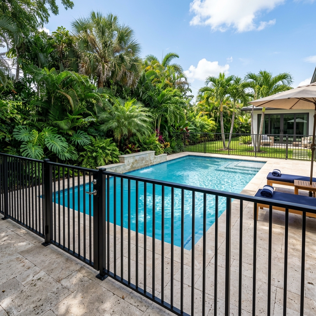 Pool safety fence surrounding backyard pool
